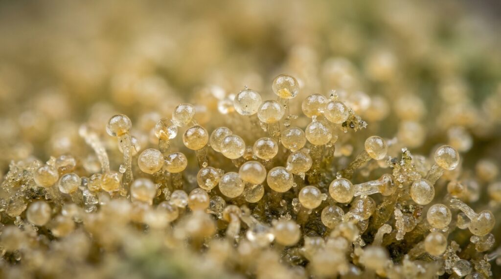 Trichome heads from a hash slab. 
