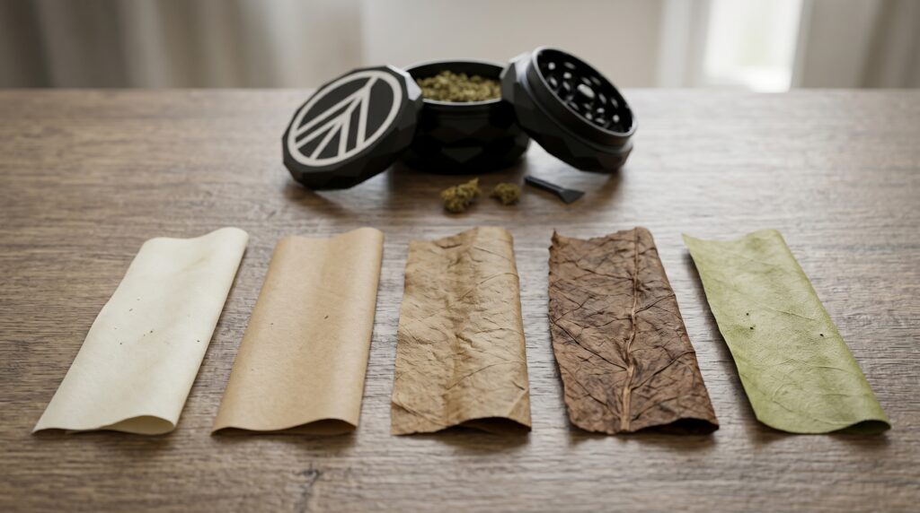 Various types of rolling papers, along with a Norddampf 3-piece Norddampf , are laid out on the table.