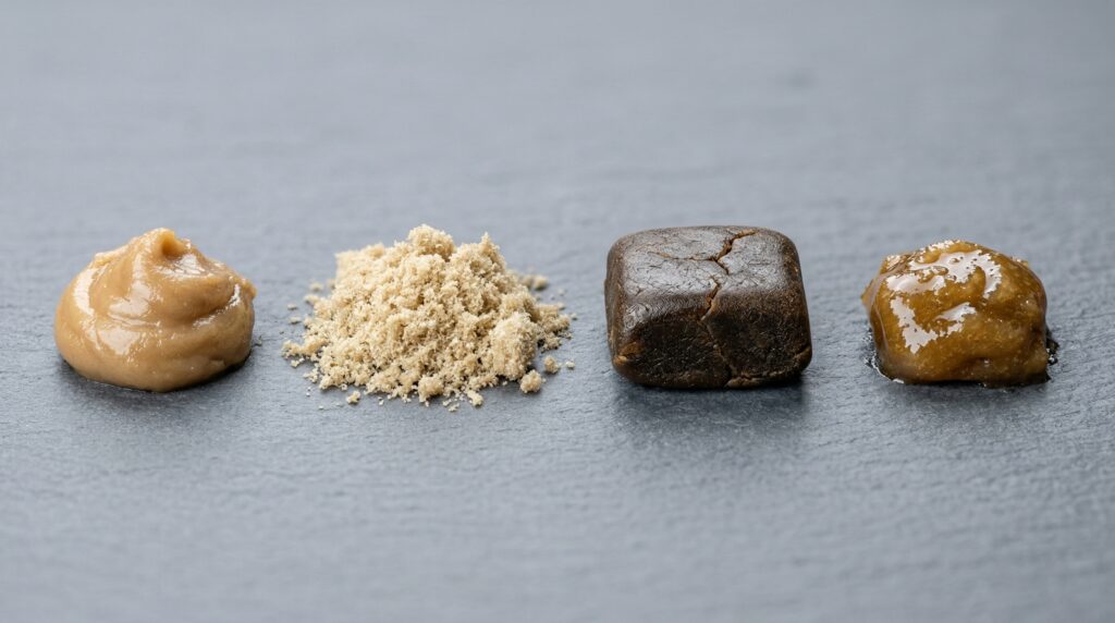 Various types of hashish produced using different manufacturing methods