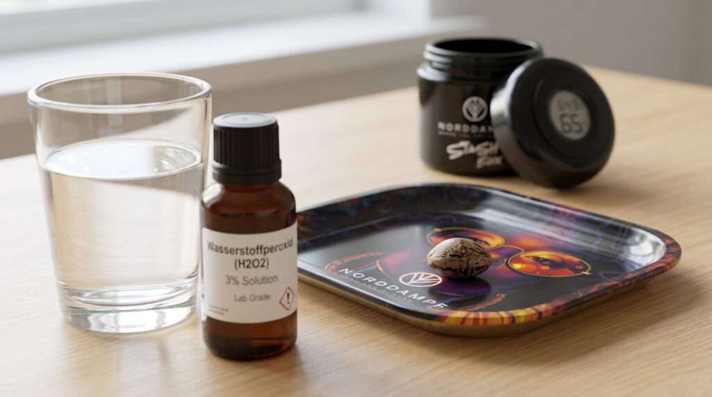 Samen kann man auch mit Wasserstoffperoxid im Wasser verdünnt keimen lassen. im Hintergrund sieht man die Stashbox von Norddampf und das beliebt Rollingtray. 