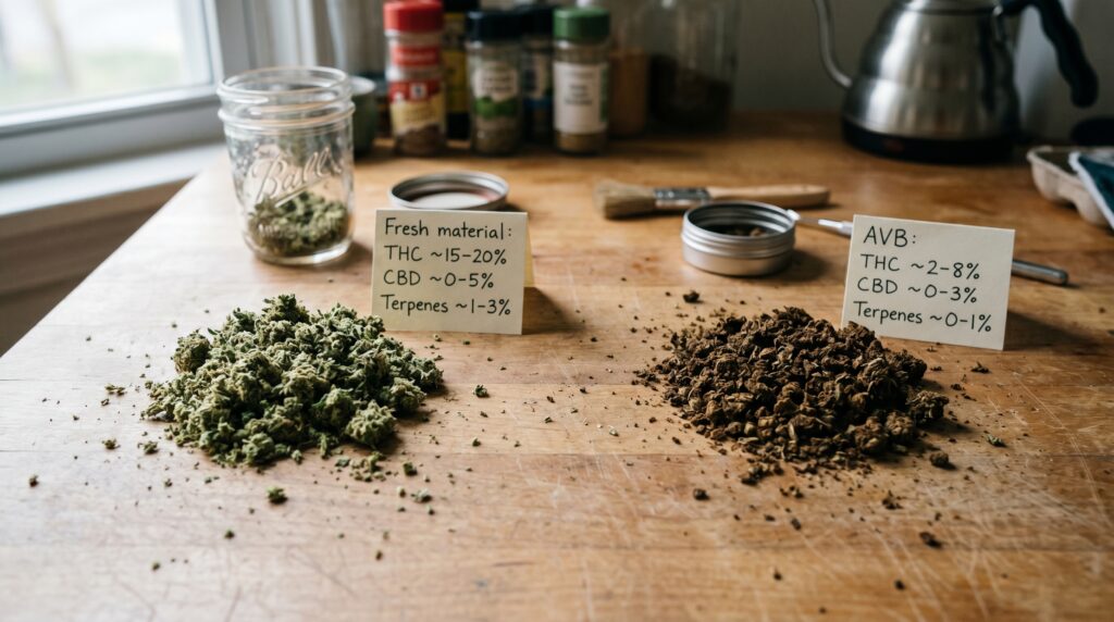 Zur Herstellung von Edibles kann man frisches Material nehmen, aber auch AVB. Hier sieht man beide Möglichkeiten im Vergleich.