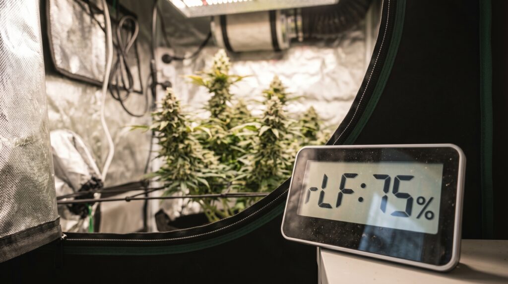 Ein Growzelt mit einer Cannabispflanze, allerdings ist die die relative Luftfeuchtigkeit viel zu hoch.