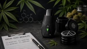 Cannabis-Vaporizer und Aufbewahrungszubehör neben einem Klemmbrett für einen Drogentest auf einem dunklen Tisch