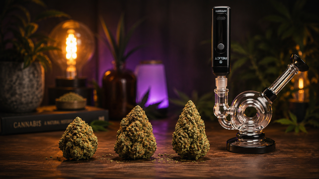 Tres variedades de cannabis junto a un vaporizador de cristal con burbujeador sobre una mesa de madera que crea un ambiente acogedor