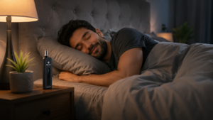 Mann schläft friedlich in einem gemütlichen Bett, auf dem Nachttisch liegt ein Trockenkräuter-Vaporizer