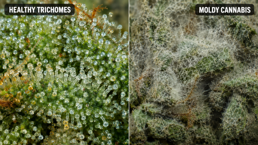 Vergleich von gesunden Trichomen und schimmligem Cannabis nebeneinander