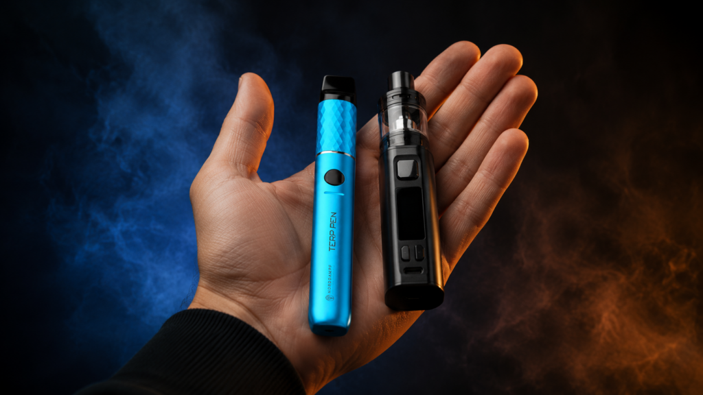 A hand holds a blue dry herb vaporizer and a black vape device against a dark, smoky background