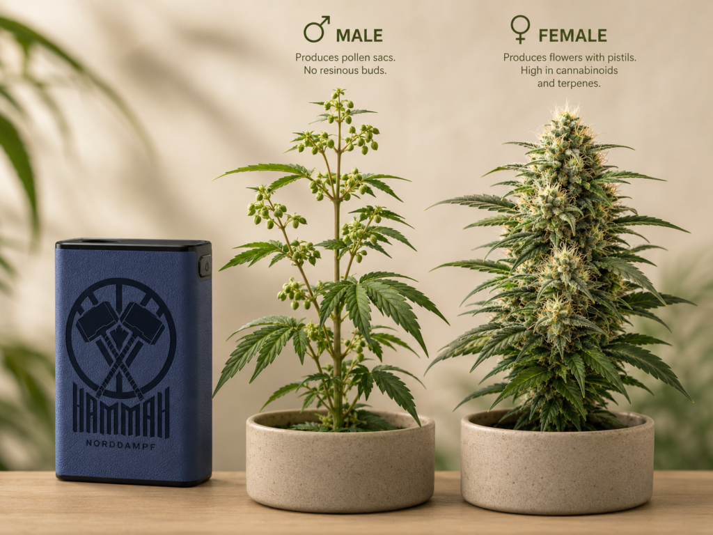 A comparison of male and female cannabis plants, with an " Hammah" vaporizer next to them