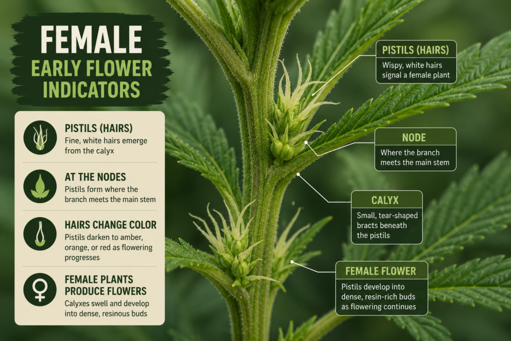 Illustration showing how to identify a female cannabis plant based on white pistils, sepals, and developing resin-rich flowers