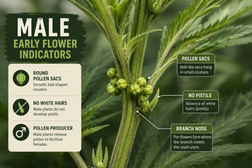 Educational illustration of early male cannabis flower characteristics: pollen sacs, branch nodes, and the absence of white pistils