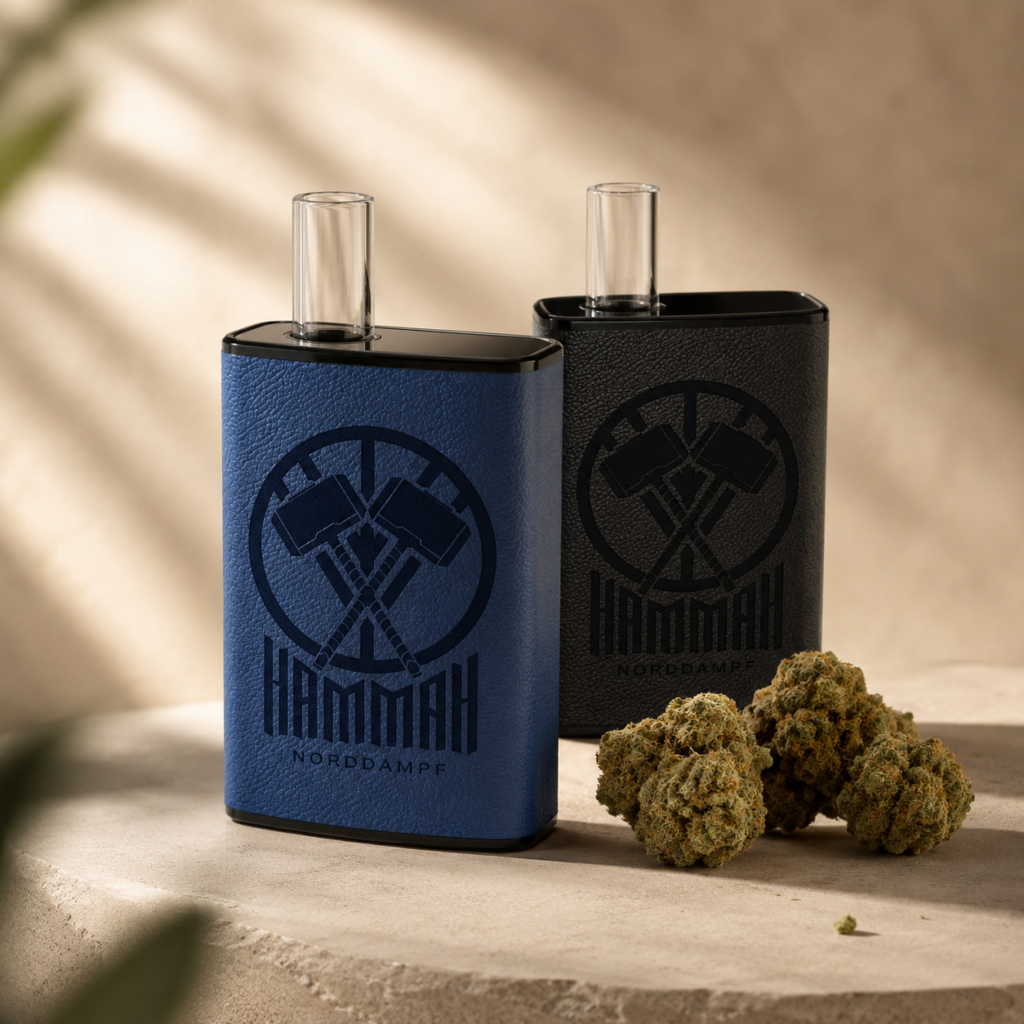 Norddampf-A vaporizer placed next to cannabis flowers
