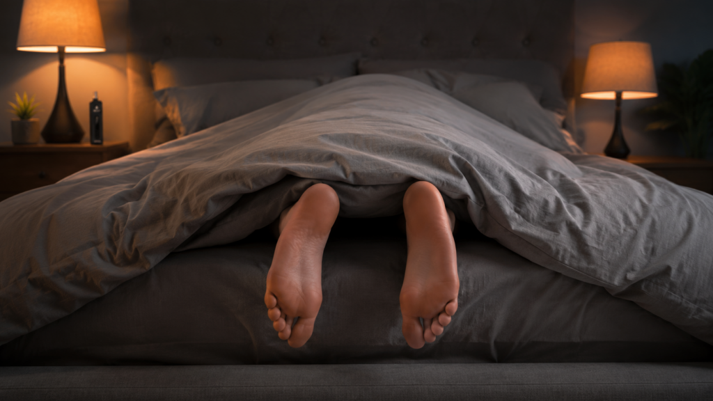 A person is sleeping in bed; their feet are sticking out from under the blanket, and there is a vaporizer on the nightstand