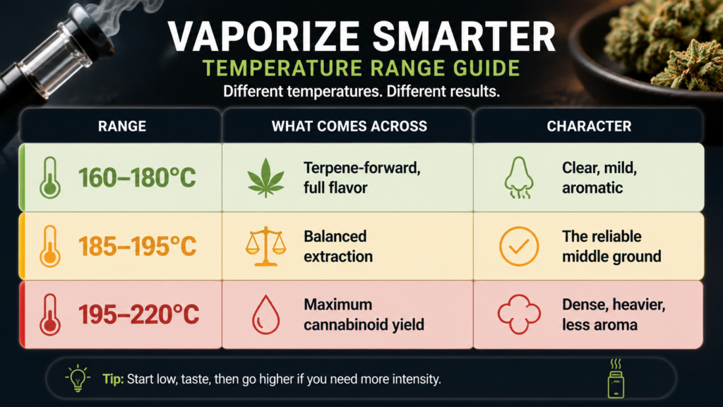 Infographic on ideal vaporizer temperature ranges for flavor, balanced extraction, and maximum cannabinoid yield