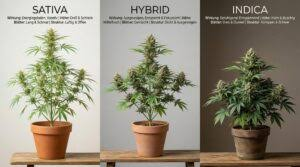 An image showing the differences between Sativa, Indica, and hybrids