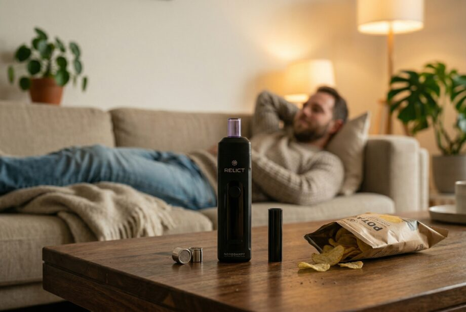 A man is relaxing on the sofa, eating chips; on the coffee table is a " RELICT" vaporizer.