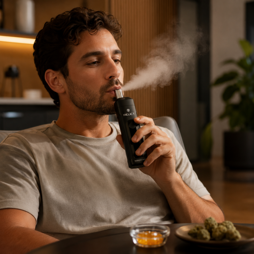 Ein Mann benutzt den RELICT-Vaporizer von Norddampf