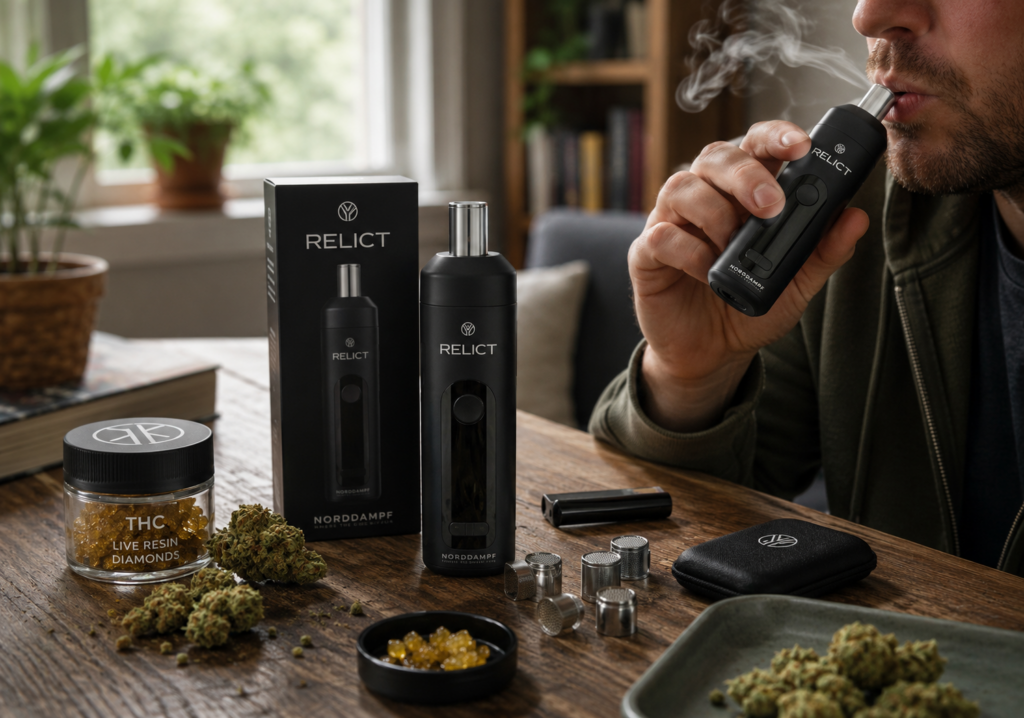 Ein Mann verdampft THC mit einem RELICT-Vaporizer von Norddampf