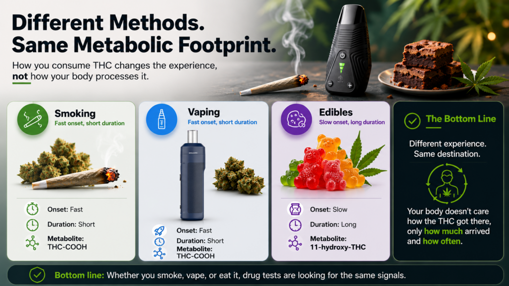 Eine Infografik zu den wichtigsten Unterschieden bei Wirkeintritt und Dauer zwischen verschiedenen Konsummethoden von Cannabis