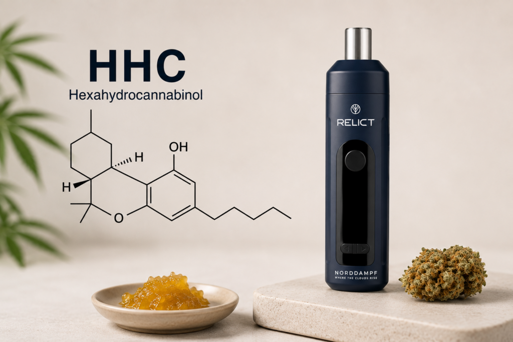 Molekülformel von HHC und Norddampf-RELICT-Vaporizer