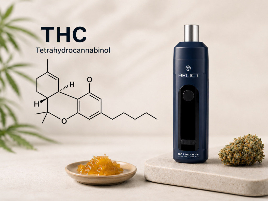 Molekülformel von THC und Norddampf-RELICT-Vaporizer