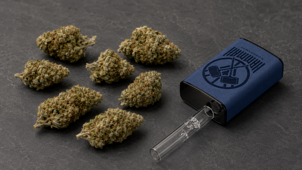 Getrocknete Cannabisblüten neben einem blauen Norddampf-Gerät mit Glasmundstück