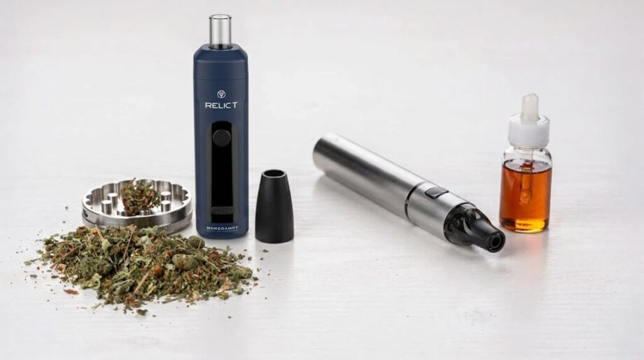 An " Norddampf" vaporizer next to a vape pen and a bottle of e-liquid
