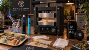 Een harspers, met vaporizers van Terp Pen, Relict en Dab Pen Mini op een houten tafel.